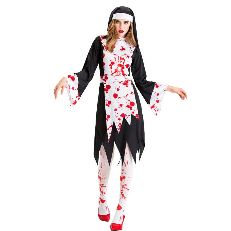 Halloween Costume for Women Nun Costume Cosplay Costumes Vampire Demon Costume Cross Print Long Dress Party Clothes