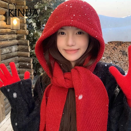 Korean Balaclava Bonnet Women Skullies Beanies Hat Scarf One-piece Thickened Warm Neck Protection Winter Accessories Knitted Law