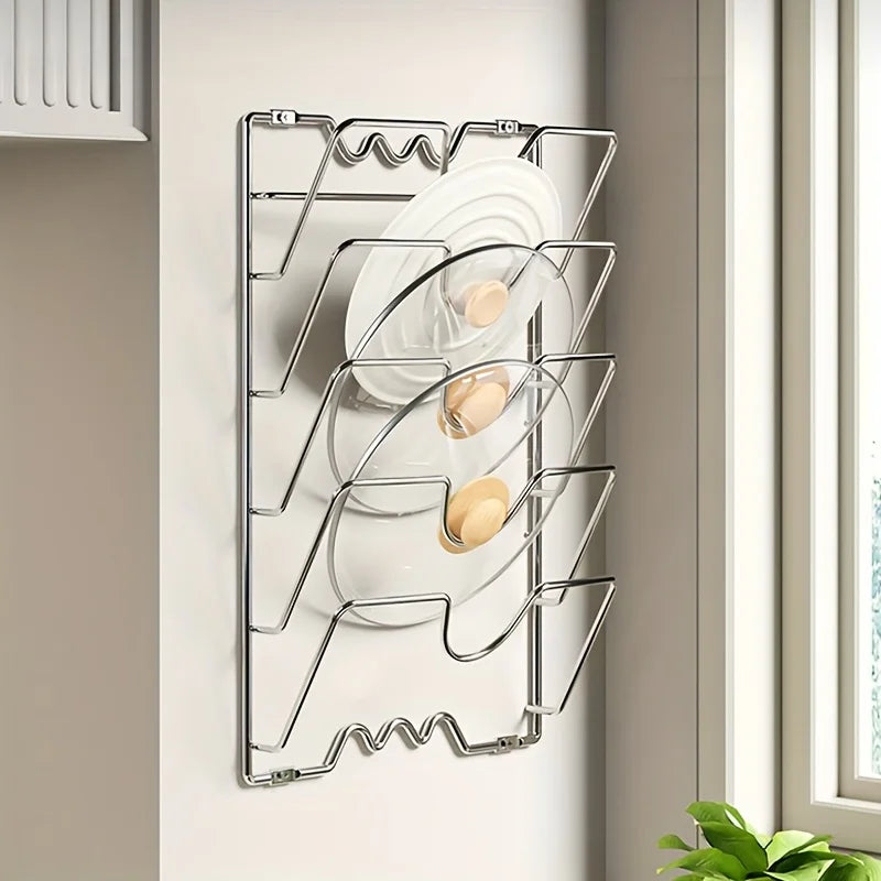 Wall-Mounted Pot Lid Organizer Rack – Multi-Tier Metal Storage for Kitchen