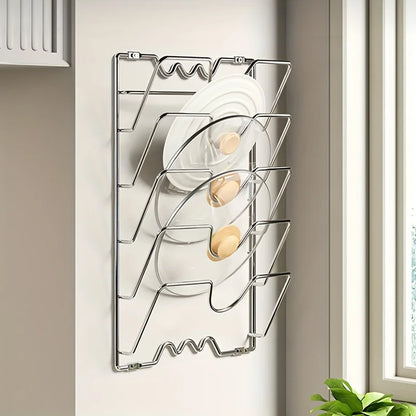 Wall-Mounted Pot Lid Organizer Rack – Multi-Tier Metal Storage for Kitchen