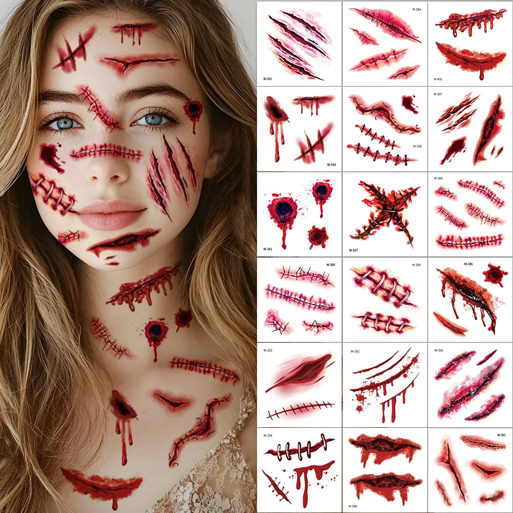 20 Sheets 3D Realistic Scar Tattoos - Waterproof Fake Bloody Wound Stickers for Halloween Cosplay Face & Body Makeup Adults