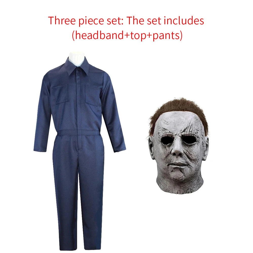 Adult Michael Myers Costume Set - Cosplay Horror Demon Killer Mask And Blue Disguise Outfit for Men Halloween Working Clothes