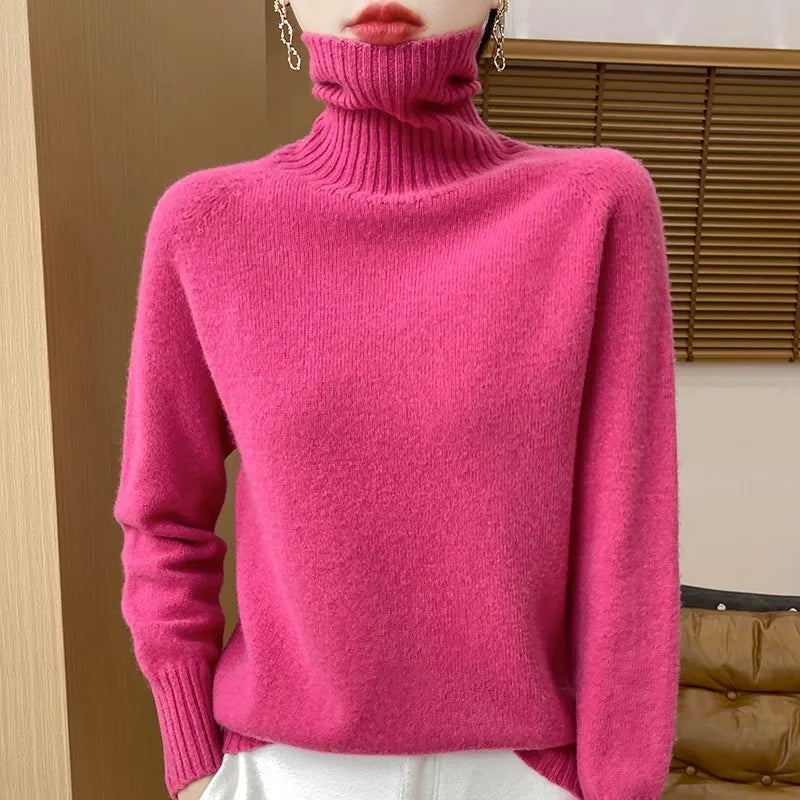 Women's Clothing New Fashion Autumn And Winter Merino Wool Pullover Solid Color Long Sleeve Basic Thermal Top 100% Wool Sweater
