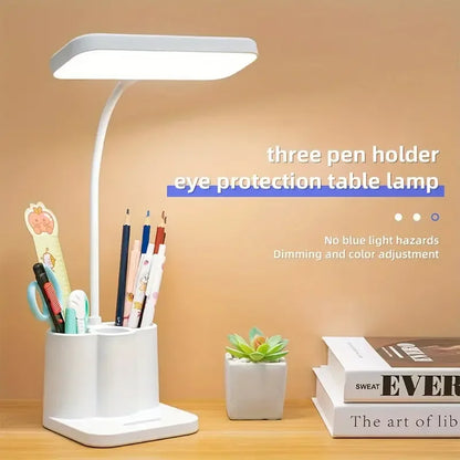 Adjustable LED desktop light with touch, eye protection, 3 color temperature modes, pen holder, USB rechargeable, for reading