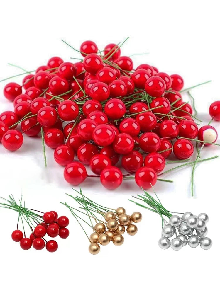 1000/50x Mini Artificial Berries Red Fake Berry Cherry Stamen for Christmas DIY Floral Wreath Ornament New Year Party Home Decor