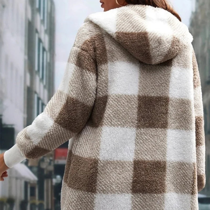 Women Autumn Winter Double Fleece Plaid Cardigan Soft Loose Long Sleeve Plush Warm Hooded Jacket Female Patchwork Outerwear Coat