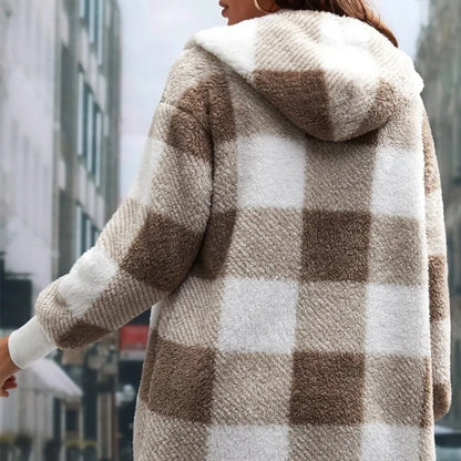 Women Autumn Winter Double Fleece Plaid Cardigan Soft Loose Long Sleeve Plush Warm Hooded Jacket Female Patchwork Outerwear Coat
