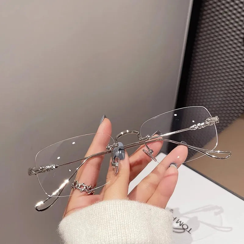 New Transparent Square Rimless Eyeglasses Blue Light Blocking Glasses Fashion Frameless for Women Men Silver Computer Glasses
