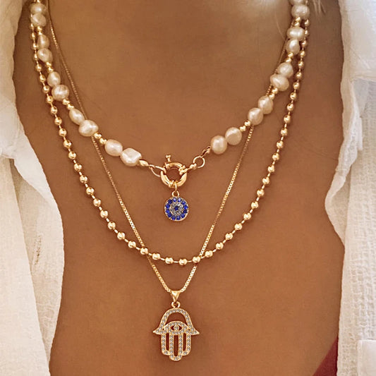 Layered Evil Eye & Cross Pendant Necklace – Lucky Charm