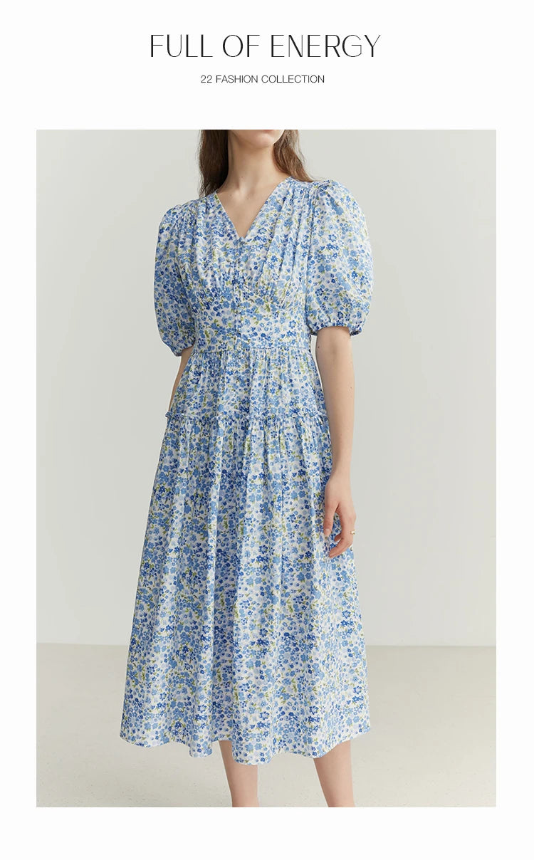 FSLE Blue Romantic Floral Dress Women Elegant Vintage High Waist V-neck Puff Sleeve Summer Printing Female Cotton Long Skirts