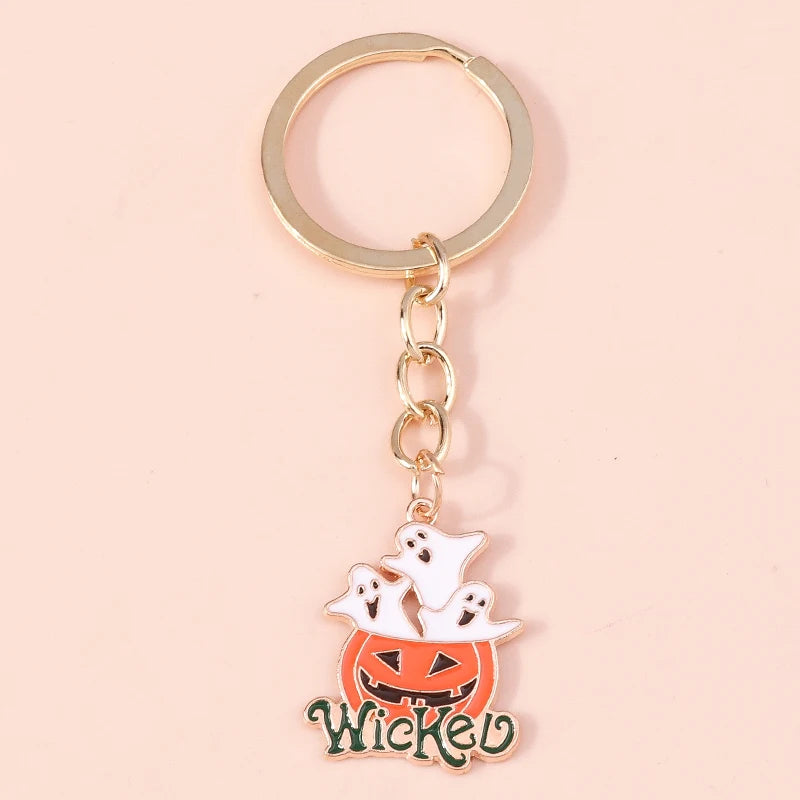 Aihua Gold Color Fashion Halloween Keychain Enamel Creepy Ghost Spider Mummy Pumpkin Keychains Keyring for Women Halloween Night