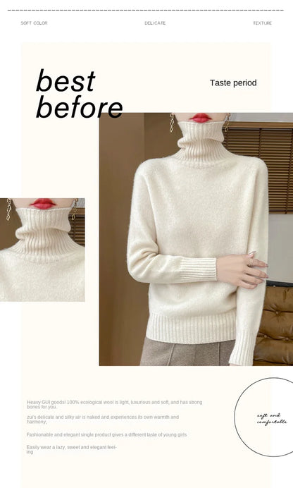 Women's Clothing New Fashion Autumn And Winter Merino Wool Pullover Solid Color Long Sleeve Basic Thermal Top 100% Wool Sweater