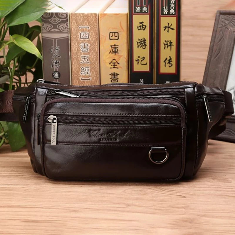 Men Waist Fanny Bags Sling Chest Bag Genuine Leather Casual Fashion Retro Cross body Male Real Cowhide Loop Hip Belt Bum Bag