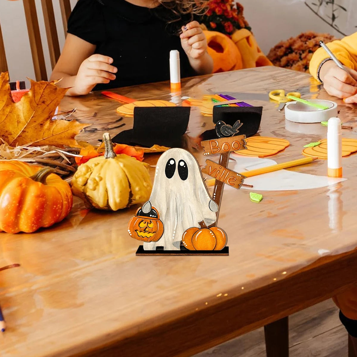 Halloween Wooden Ghost Decor with Pumpkin Bucket and "Boo - ville" Sign - Festive Home Decoration