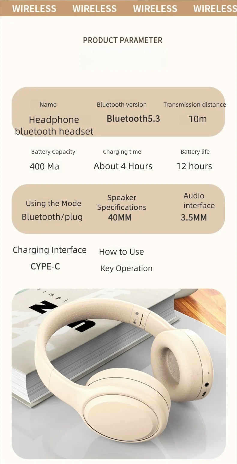 Bluetooth 5.3 Headphones 3.5mm Wired Headsets Over Ear Gaming Earphones Foldable Wireless Earphones with Mic TF/AUX Music Play