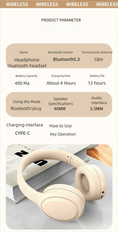 Bluetooth 5.3 Headphones 3.5mm Wired Headsets Over Ear Gaming Earphones Foldable Wireless Earphones with Mic TF/AUX Music Play