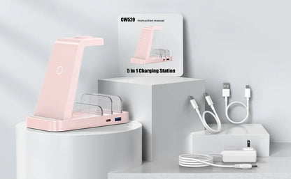 5-in-1 Fast Wireless Charging Station for Multiple Devices for iPhone 15 14 13 12 Pro Max Apple Watch Airpods