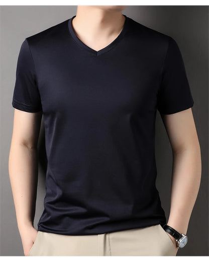 Top Grade 1.7% Mulberry Silk New Summer Brand Tops V Neck t Shirts For Men 2025 Short Sleeve Casual Fashion Mens Clothing