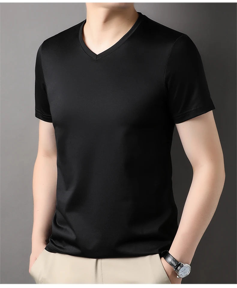 Top Grade 1.7% Mulberry Silk New Summer Brand Tops V Neck t Shirts For Men 2025 Short Sleeve Casual Fashion Mens Clothing