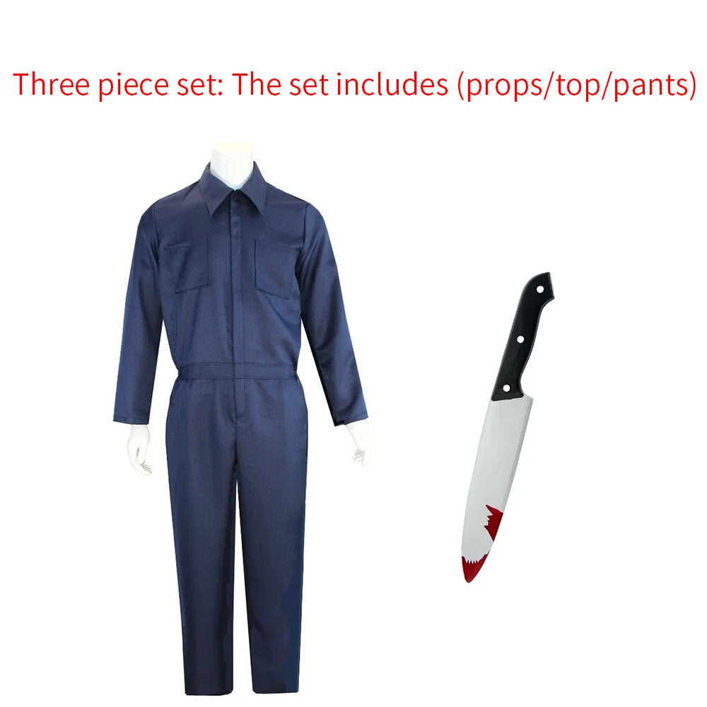 Adult Michael Myers Costume Set - Cosplay Horror Demon Killer Mask And Blue Disguise Outfit for Men Halloween Working Clothes