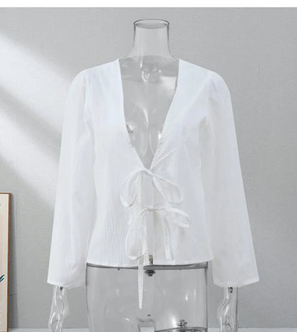 Spring 2025 V-Neck Lace-Up Linen Blouse – Casual Loose Fit