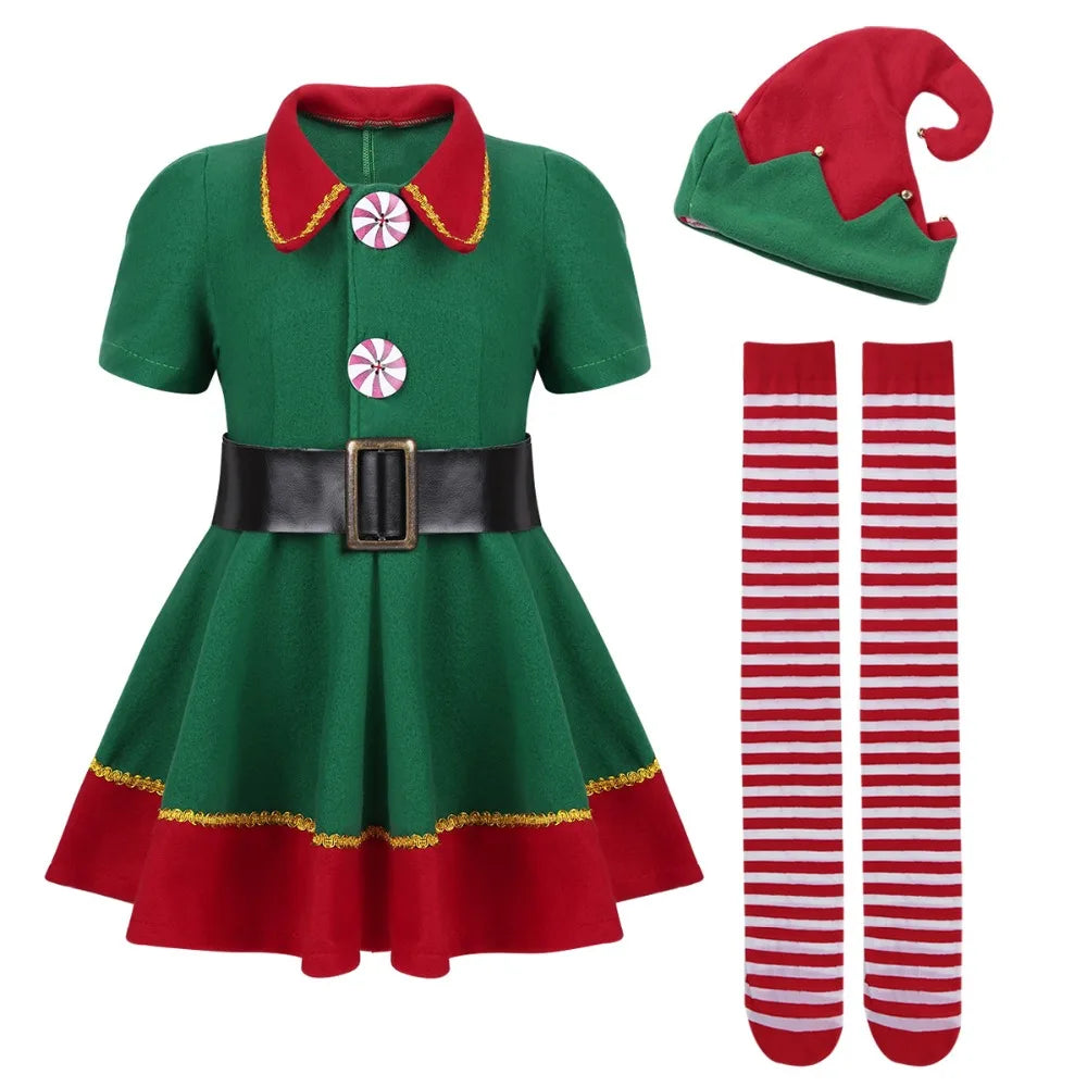 2025 Christmas Elf Costume Girls Xmas Santa Claus Green Elf Dress For Kids Adults Family Matching Outfits Cosplay Clothing