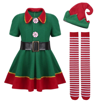 2025 Christmas Elf Costume Girls Xmas Santa Claus Green Elf Dress For Kids Adults Family Matching Outfits Cosplay Clothing