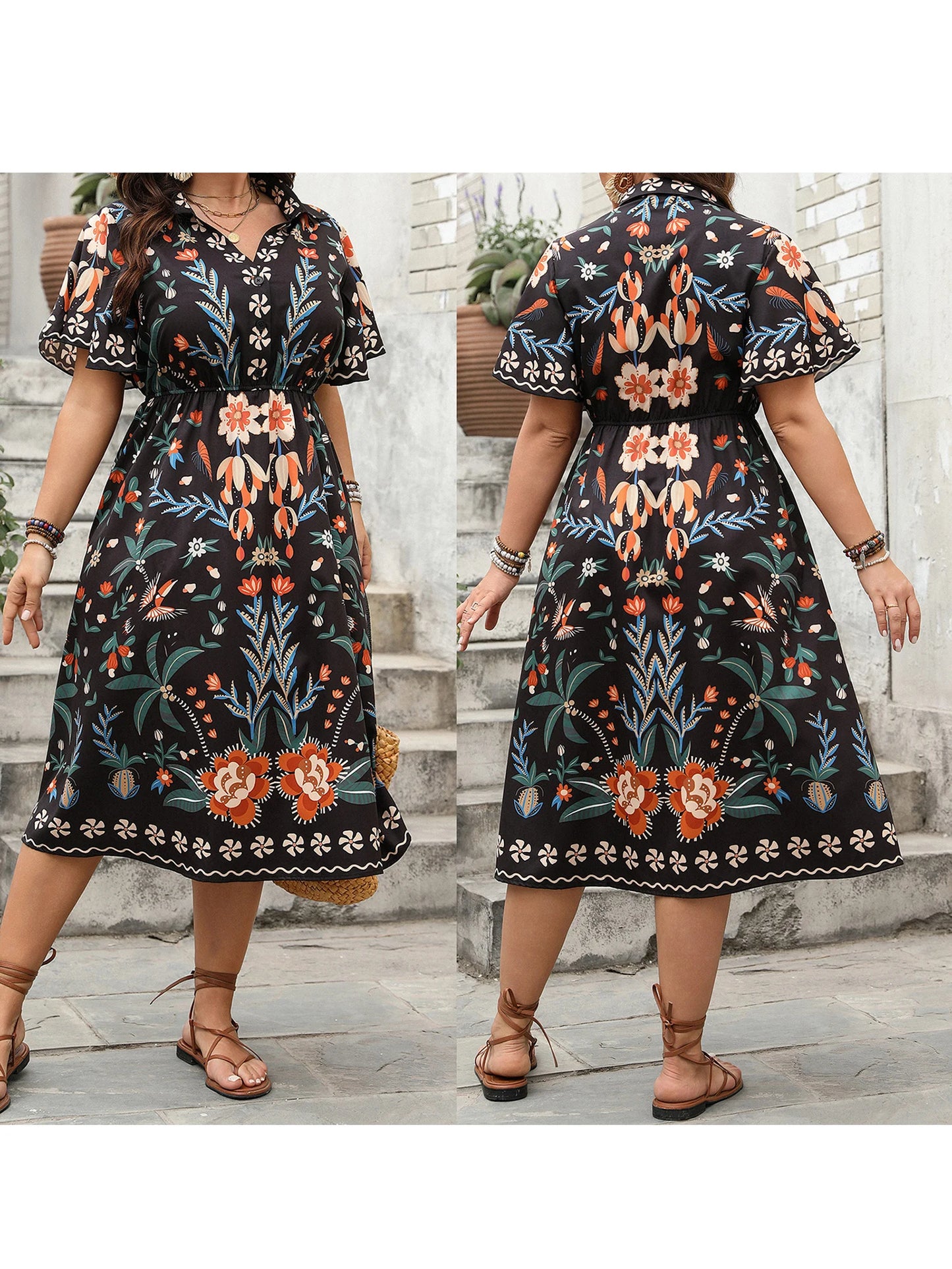 Women Plus Size V-Neck Maxi Dress Elegant Floral Print Short Sleeve Bohemian Party Dress for Summer Beach Wedding Guest