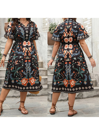 Women Plus Size V-Neck Maxi Dress Elegant Floral Print Short Sleeve Bohemian Party Dress for Summer Beach Wedding Guest