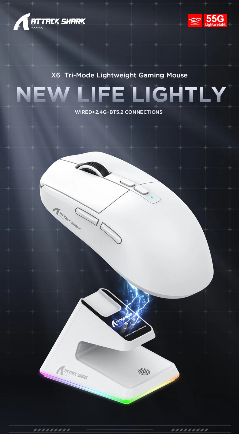 ATTACK SHARK X6 Mouse,PAW3395 Bluetooth Tri-Mode Connection,RGB Touch Magnetic Charging Base,Macro Gaming Mouse
