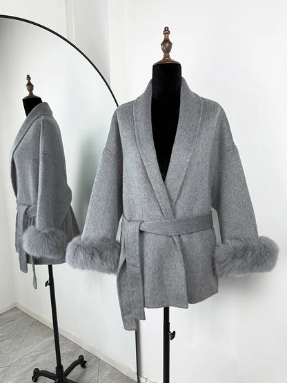 TARUXY Fox Fur Woolen Coats Women's Short Coat Office Lady Removable Elegant Double-sided Wool Overcoat 2025 New Cardigan Jacket