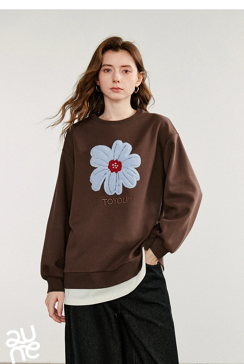 TOYOUTH Women Hoodies Sweatshirt 2025 Autumn New Plush Flower Printed Contrasting Color Splicing Fake Two Piece Cotton Pullover
