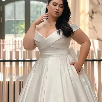 Satin V Neck Plus Size Wedding Dresses Off The Shoulder Lace Up Back Big Bow Pleated Bridal Gown with Pockets and Court Train