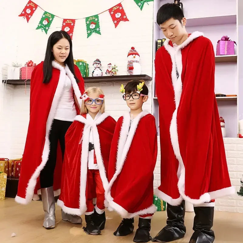 Christmas Shawl Cape Hooded Santa Claus Costume Red with Hat Cosplay Winter Warm Coat Holiday Performance Outfit Party Dress