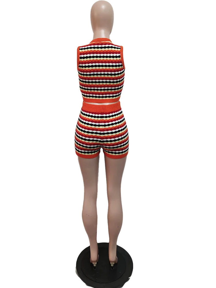 Beyprern Fashion Button Up Crochet Striped Crop Top And Matching Shorts Set Co Ord Sets For Women Knit Trakcksuits Sexy Clubwear