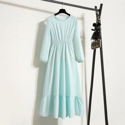 Spring Autumn Mujer Vestidos Solid Full Sleeve O-neck Casual Chiffon Dress Women Muslim Long Dress Solid Loose Maxi Dresses