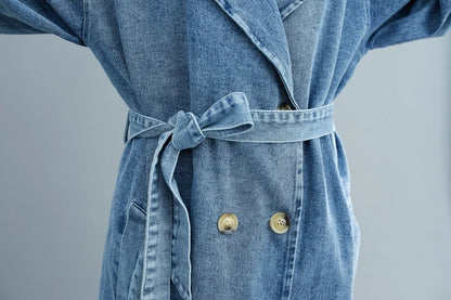 2025 Women's Denim Trench Coat Autumn Double Breasted Belted Casual Jean Overcoat Loose Long Windbreaker Jacket Couple Models