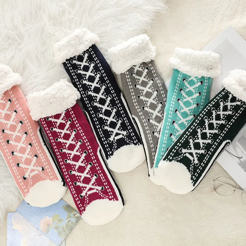 Fuzzy Fluffy Sock Women Winter Christmas Gift Warm Plush Non slip Home Sleeping Soft Female Floor Thermal Slipper Sock Snowflake