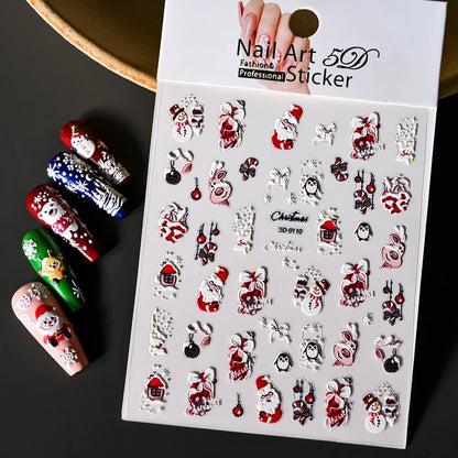 Cute Deer Christmas Nail Stickers 5D Embossed Elk Star Gingerbread Man Snowflake Santa Claus Holly DIY Winter Engraved Manicure*