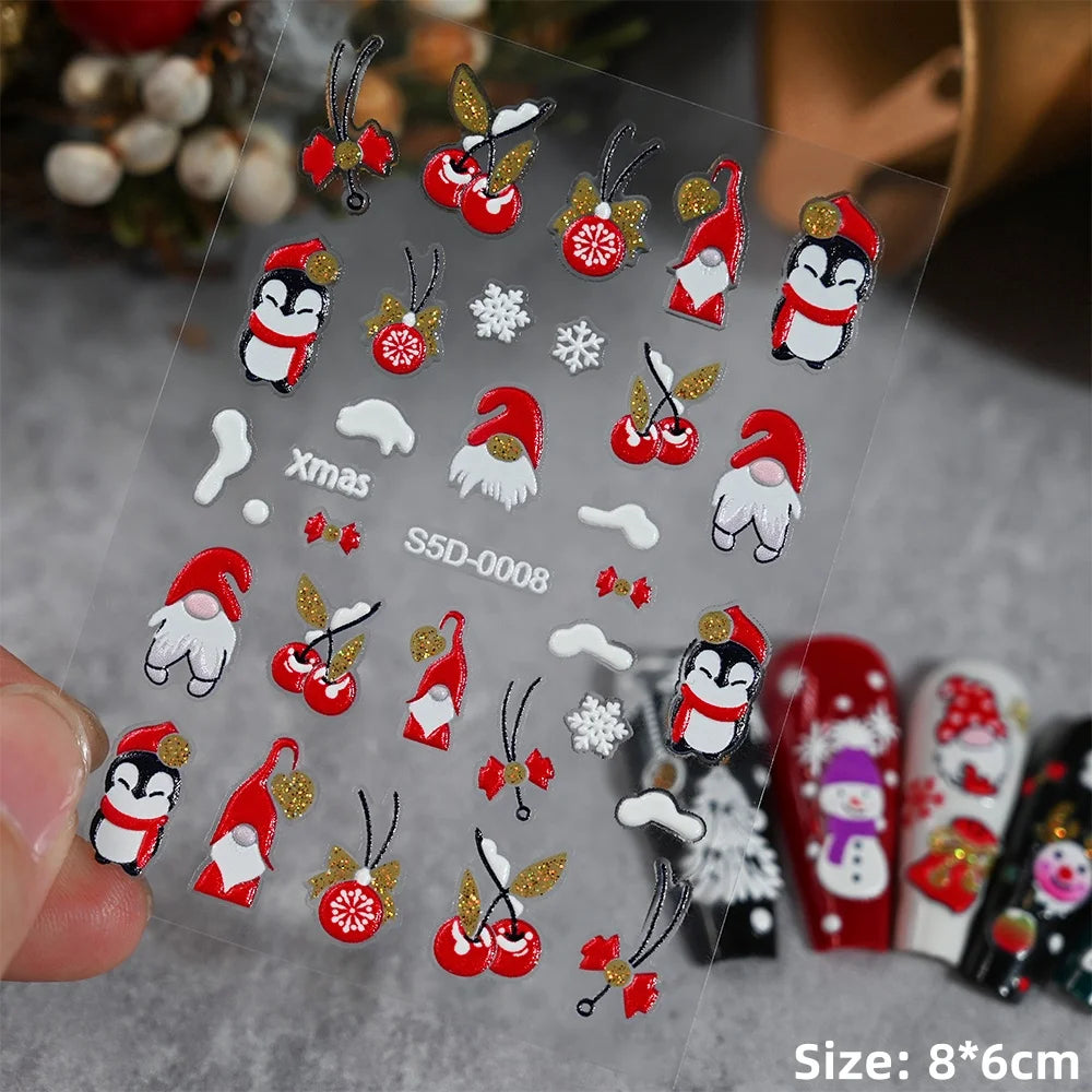 Cute Deer Christmas Nail Stickers 5D Embossed Elk Star Gingerbread Man Snowflake Santa Claus Holly DIY Winter Engraved Manicure*