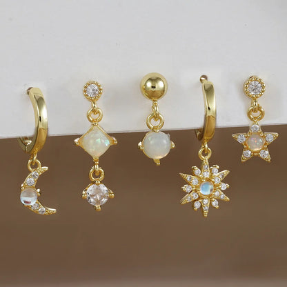 2PCS Star & Moon Opal Zircon Earrings – Stainless Steel Studs for Women