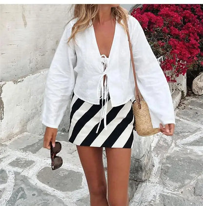 Spring 2025 V-Neck Lace-Up Linen Blouse – Casual Loose Fit