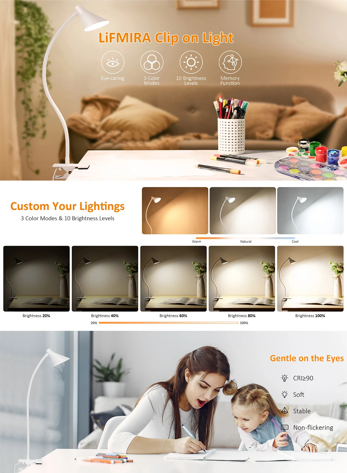 Reading Light, USB Clamp Lamp for ChildReading Book in Bed at Night, LED Small DeskLamp with Adjustable Gooseneck Clip