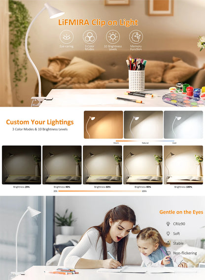 Reading Light, USB Clamp Lamp for ChildReading Book in Bed at Night, LED Small DeskLamp with Adjustable Gooseneck Clip