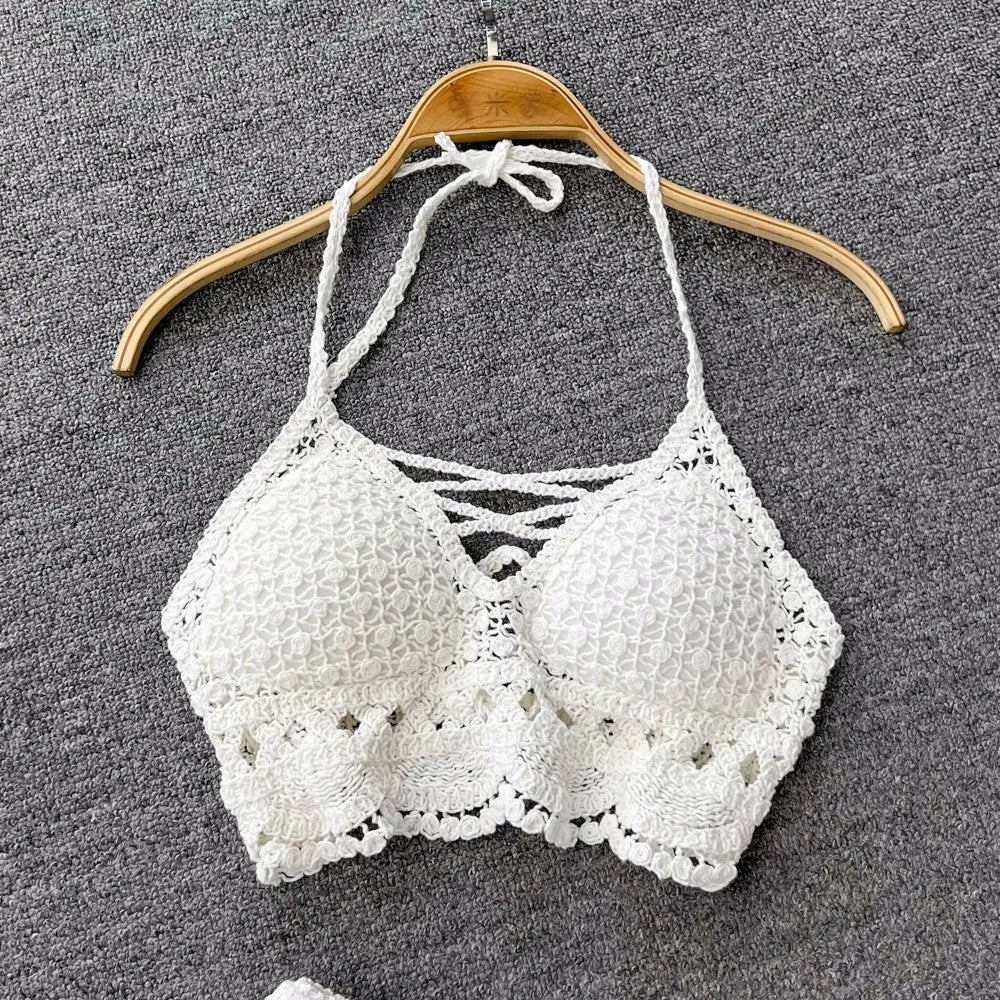 SINGREINY Knit Two Piece Sets Women Summer Vacation Backless Camisole Elastic Waist Shorts Hollow Out Y2K Beach Style Suits