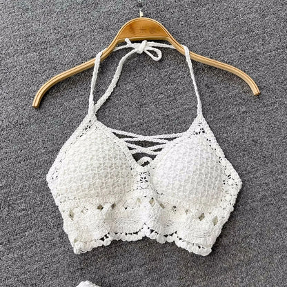 SINGREINY Knit Two Piece Sets Women Summer Vacation Backless Camisole Elastic Waist Shorts Hollow Out Y2K Beach Style Suits