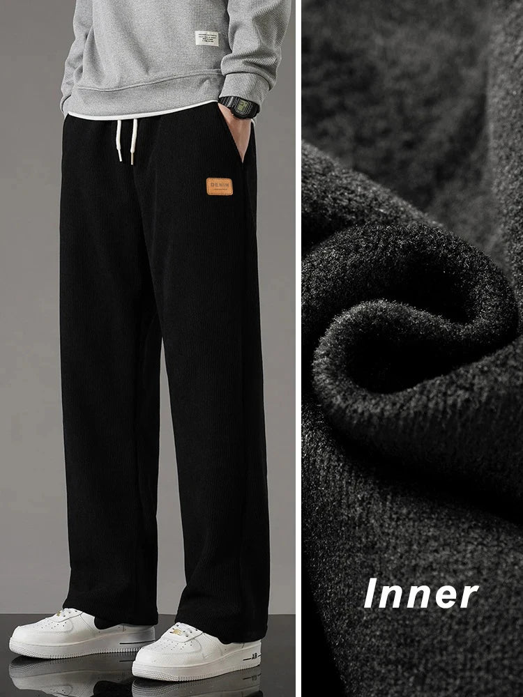 Winter Thick Warm Corduroy Sweatpants Men Fleece Liner Drawstring Straight Loose Track Pants Male Casual Fleece Thermal Trousers