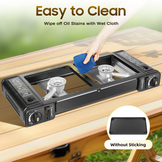 Propane Camping Stove with Dual Burners, Grill Tray, Adjustable Temperature for Outdoor Cooking, Boiling, and Grilling