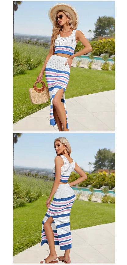 Women's Two-piece Striped Slim Slit Skirt And Sleeveless Crop Top Set Summer Knitted Hollow Dress