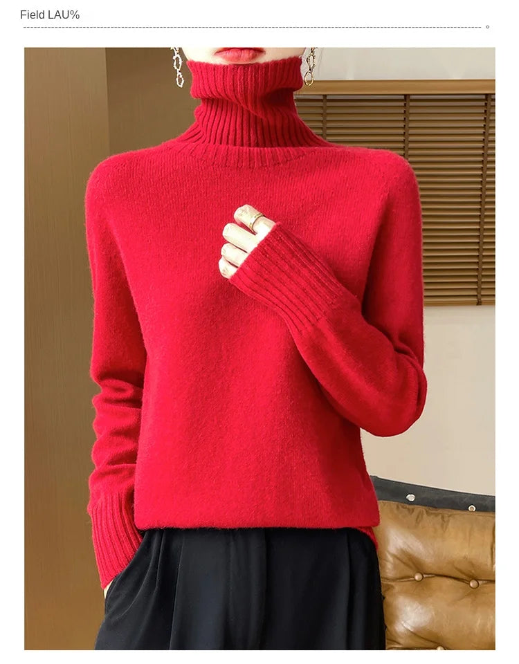 Women's Clothing New Fashion Autumn And Winter Merino Wool Pullover Solid Color Long Sleeve Basic Thermal Top 100% Wool Sweater